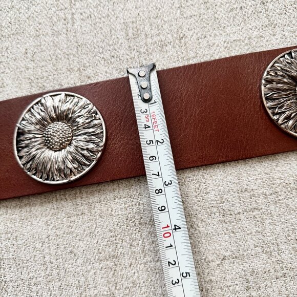 🌼 ZARA Wide Leather Floral Belt Brown Silver Metal Daisies 80 - Picture 12 of 14